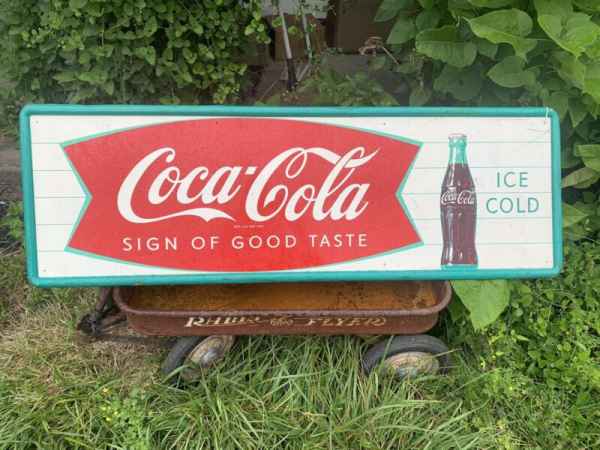 Vintage 1950's Coca Cola “Sign of Good Taste” Fishtail Metal Sign 53" MCA 008
