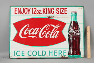 Vintage Coca Cola Fishtail Glass Bottle Pressed Steel Store Advertising Sign
