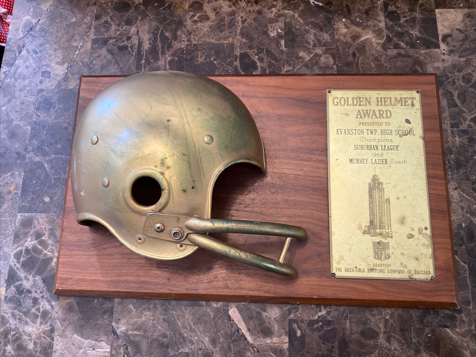 1968 Coca-Cola COKE GOLDEN HELMET 20"Award Plaque Chicago Football Murney Lazier