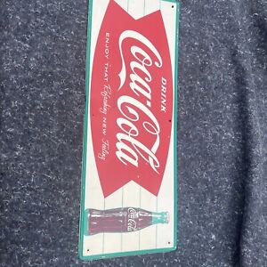 Vintage Authentic Ice Cold Coca Cola Fishtail Bottle Metal Advertising Sign