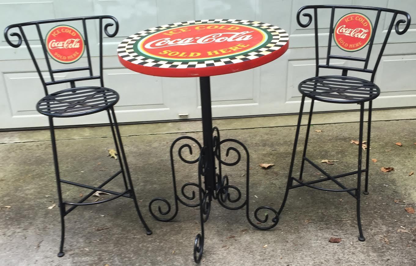 AUTHENTIC VINTAGE  COCA-COLA  WROUGHT IRON TYPE  BAR OR  PATIO TABLE & STOOLS