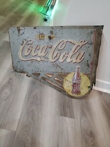 c.1938 Original Vintage Drink Coca Cola Sign Metal Flange Bottle Coke Gas A.A.W