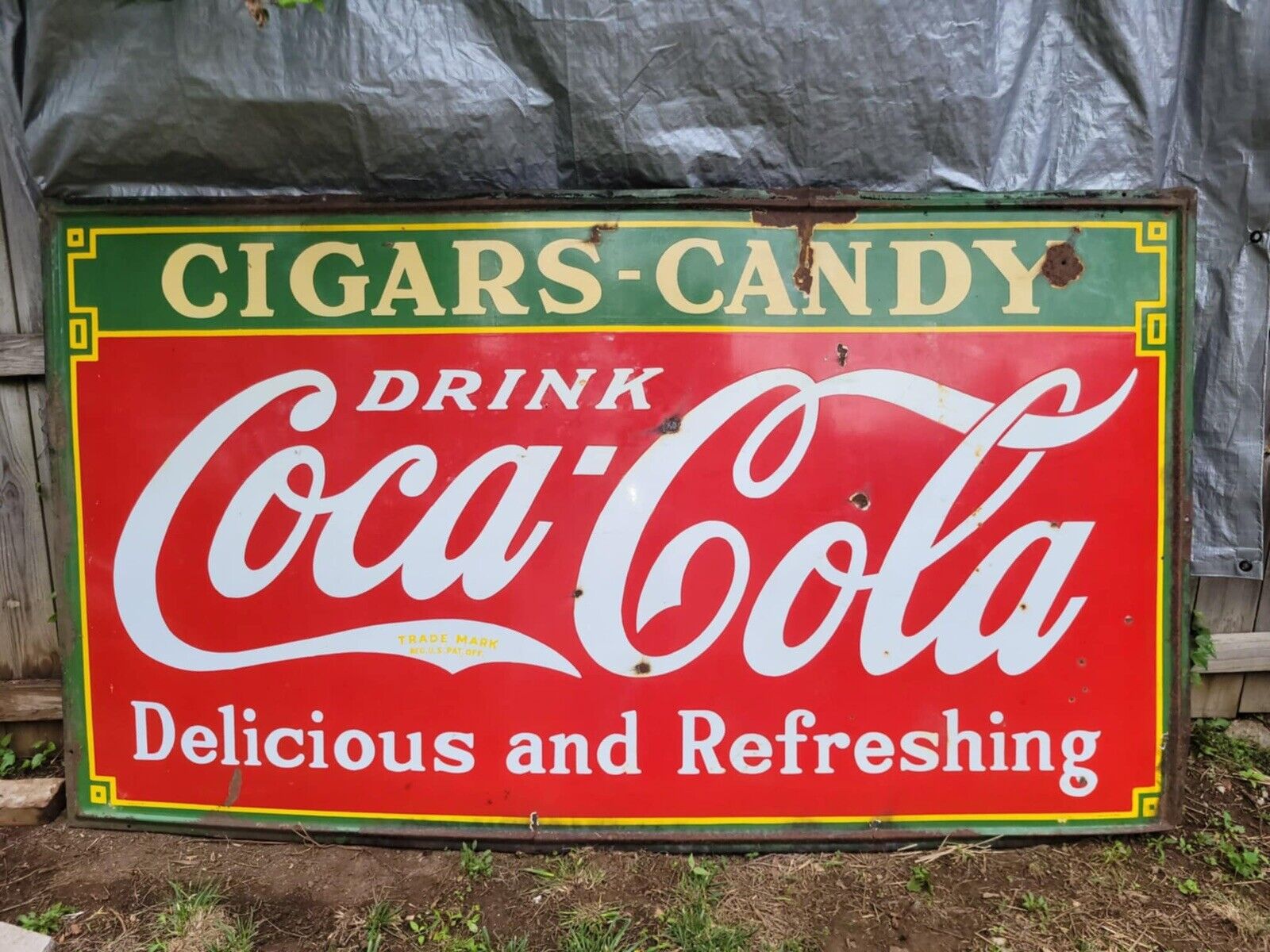 1933 VINTAGE COCA-COLA CIGARS AND CANDY PORCELAIN SIGN VERY HEAVY 55”x95”