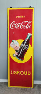 VINTAGE ORIGINAL 1940s COCA COLA SPRITE BOY LARGE PORCELAIN COKE SIGN 17.75"x54"