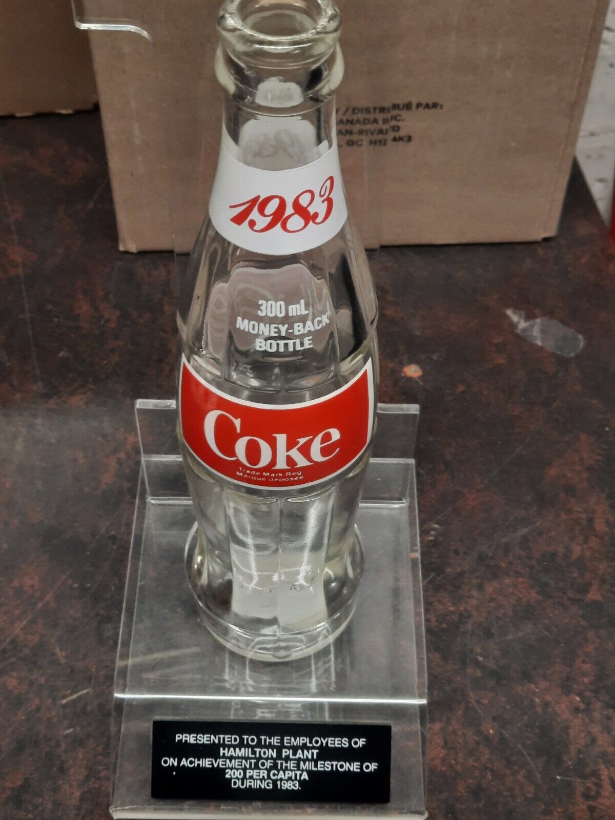 Coca Cola Employees 1983 Lucite Coke Bottle Award  Hamilton Ontario Canada