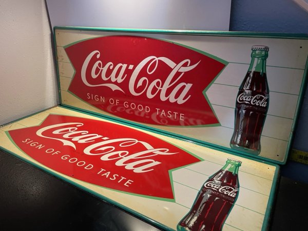 RARE 1950s COCA-COLA " FISHTAIL Metal SIGN 2 PACK
