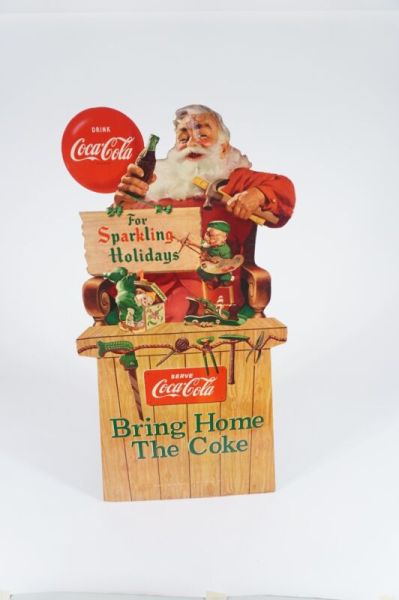 1956 Large Coca Cola Santa Cardboard Cut Out Litho Elves with Tools Workshop