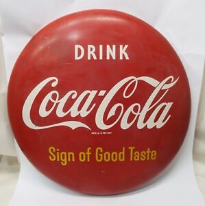 Old 1950's LARGE 24" COCA-COLA Good Taste Coke Red Button Soda Advertising SIGN