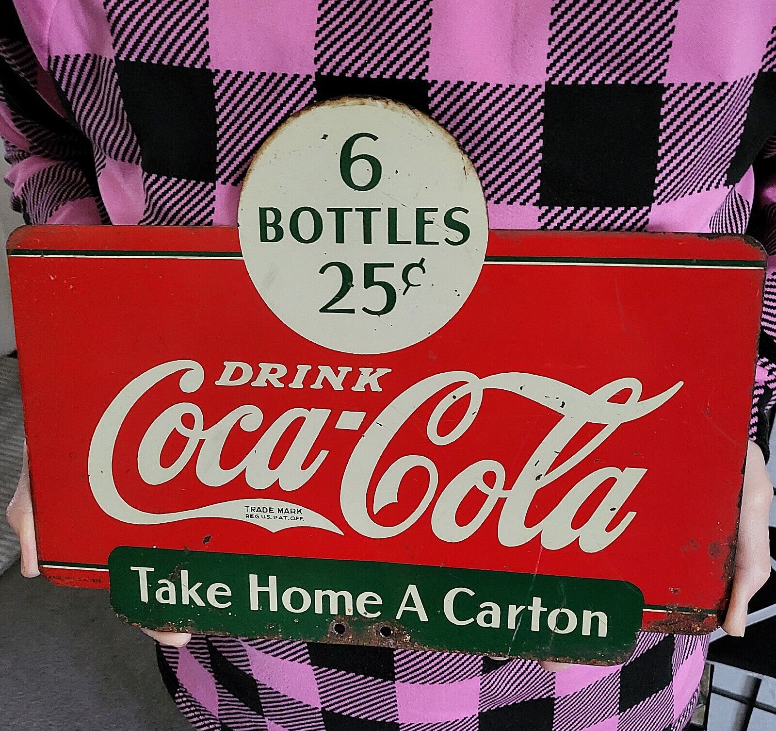 Original 1938 W.F.R. COCA COLA 2-Sided Porcelain Take Home A Carton Sign (Nice)