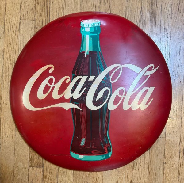 Original 1961 Coca Cola 24" Diameter Red Metal Coke Button Sign w/ Bottle AM61