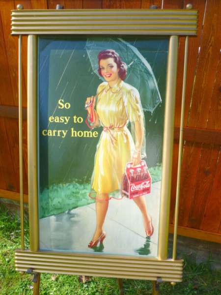 Rare 1942 Coca Cola  UMBRELLA GIRL Cardboard Framed SIGN POSTER Canadian