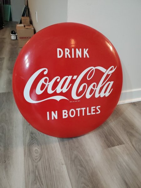 c.1950s Original Vintage Drink Coca Cola In Bottles Button Sign Porcelain 24