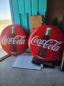 Vintage COCA COLA BUTTON SIGN 1940's / 1950's - 36 ins 2 Coke Bottle antidized