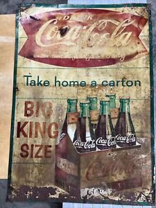VINTAGE COCA COLA BIG KING SIZE BOTTLES 6 PACK  TIN SIGN USA - Faded & Rusted