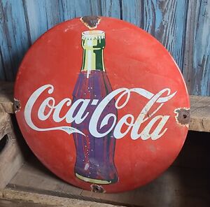 Vintage Coca Cola Coke Bottle Porcelain Soda Pop Advertising Dome Button Sign