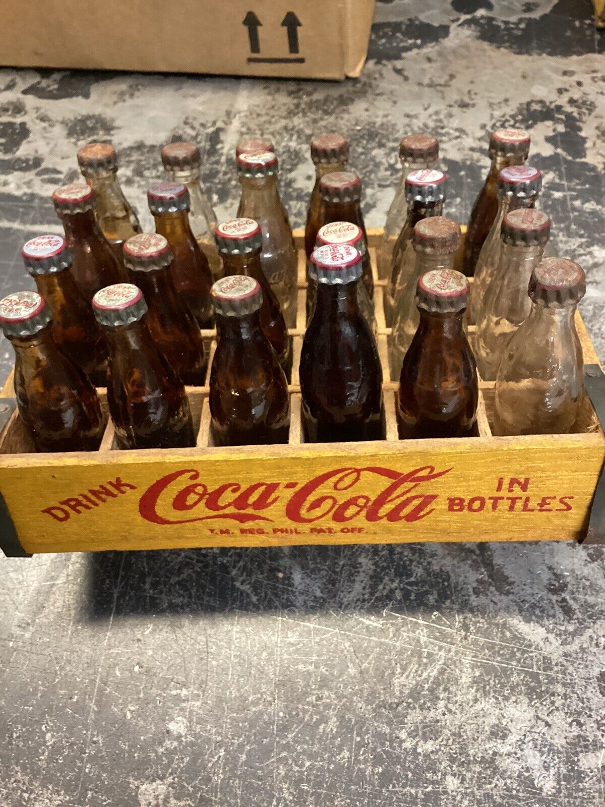 Coca-Cola Philippines Miniature Bottles, with Wooden Crate 1950s Vintage.