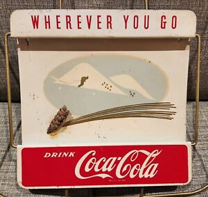 VINTAGE ANTIQUE DRINK COCA-COLA SIGN 1950s OLD COKE SODA KAY DISPLAY RACK SKIING