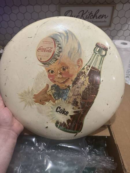 Rare Vintage  Metal  Coca Cola 16” Soda Button Sign W/ Sprite Boy