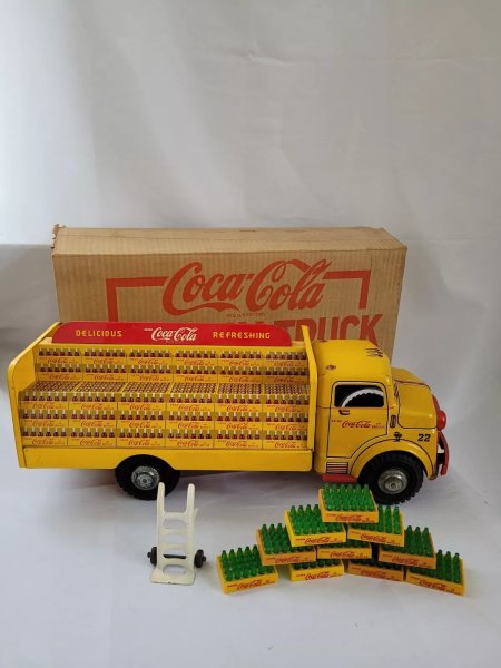 1956 Marx Coca Cola Tin Toy Delivery Truck with Crates Hand Truck Original Box!