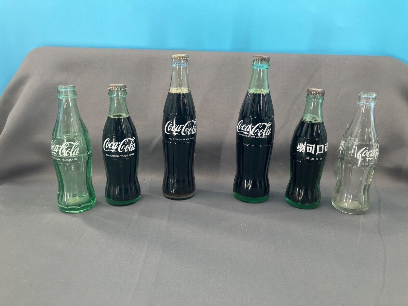 Lot Of 6 Vintage Coca-Cola Bottles Asia 190ML Green & Clear Glass Collectible