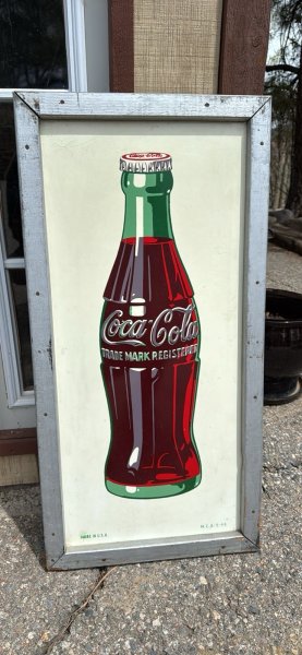 VTG 1946 Coke Coca-Cola Vertical Bottle Sign 36"x18" W/ FRAME
