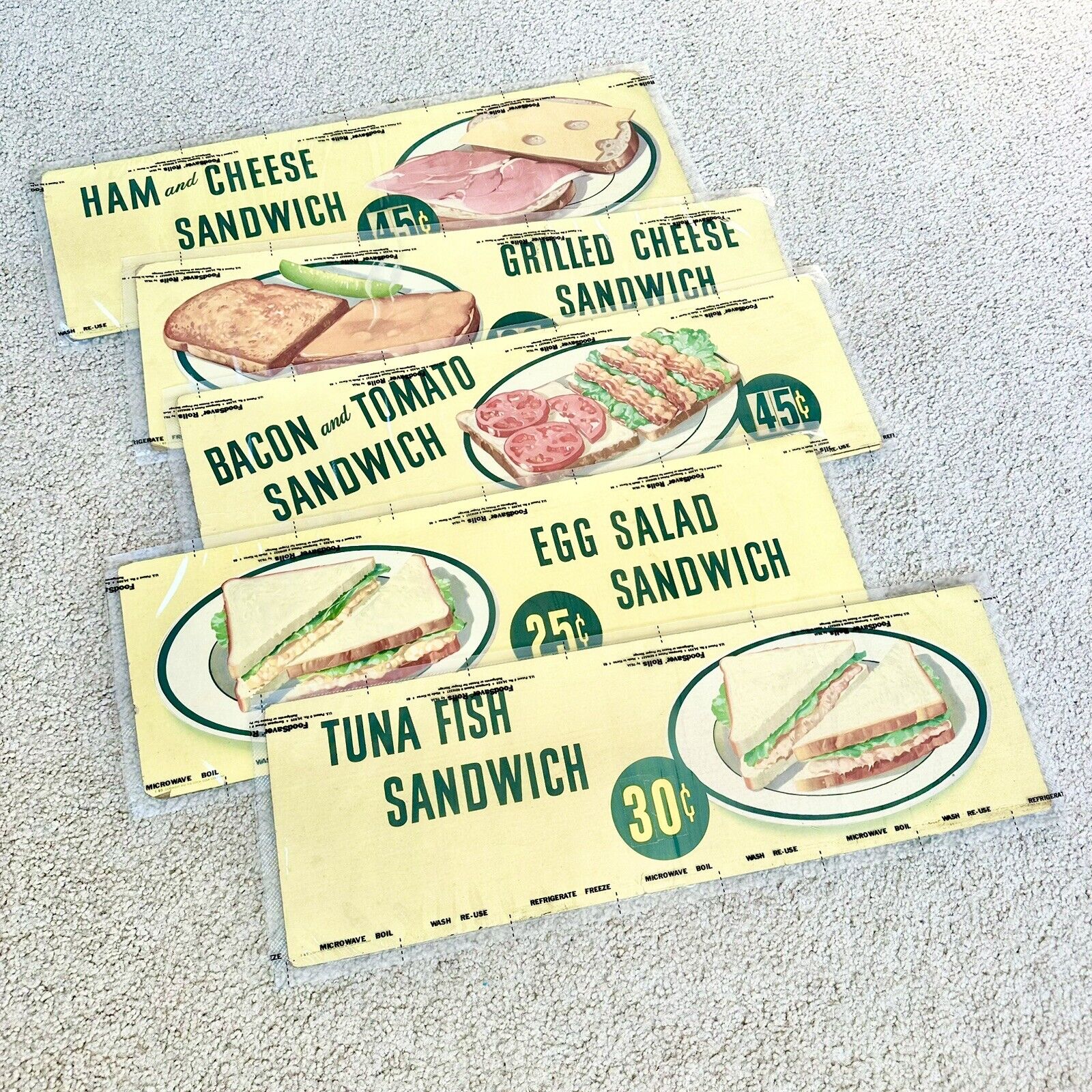 Lot of 5 Vintage 1950 Sandwich Diner Cardboard Litho Signs Made by Coca-Cola 22”