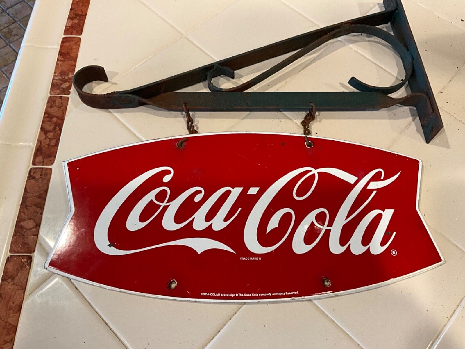 VINTAGE DOUBLE SIDED COCA COLA PORCELAIN FISH TAIL SIGN WITH HANGER ALL ORIGINAL