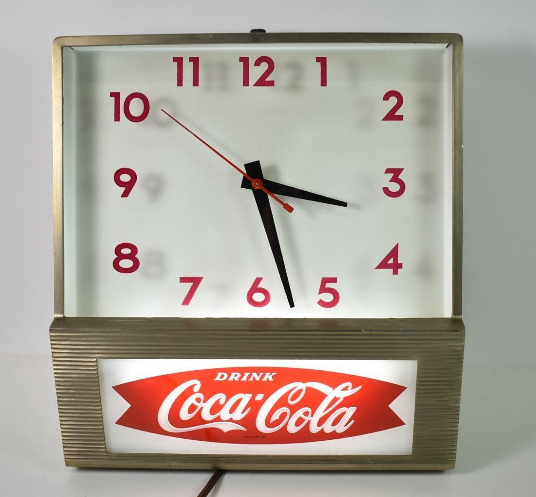 Vintage Drink Coca-Cola Fishtail Clock Synchron Brass Lights Up 1960's