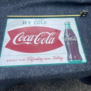 Vintage Authentic Ice Cold Coca Cola Fishtail Bottle Metal Advertising Sign NOS