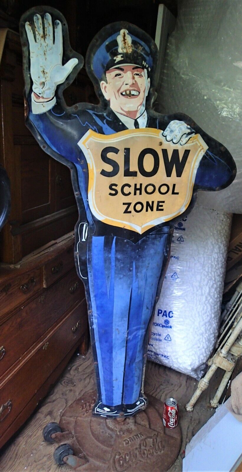 ANTIQUE USA COCA COLA SODA DBL SIDE SCHOOL POLICE MAN PORCELAIN ADVERTISING SIGN