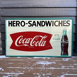 Vintage Original Hero-Sandwiches Coca-Cola Fishtail Tin Metal Soda Sign Antique