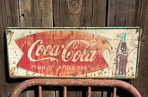Vintage 1950’s Coca Cola “Good Taste” Sign Metal Fishtail 32x12 original MCA 235
