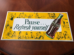 New ListingVintage 1950s Coca Cola Sign Pause Refresh Yourself Tin over Cardboard