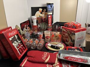Lot of Assorted Coca-Cola Collectibles Banks Salt Pepper Tins Signs Mugs