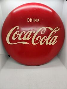 Vintage Drink Coca Cola 1950s 16" Metal Button Sign AM26 SODA Advertising Nice!