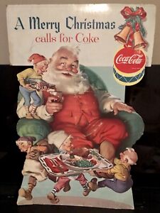 Vintage Coca Cola Santa / Elves Large Cardboard Standup Store Display Ca. 50’s