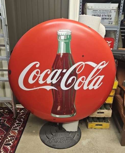VINTAGE 48" COCA-COLA PORCELAIN BUTTON SIGN/ ORIGINAL STAND TO COKE SCHOOL GUARD