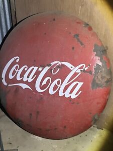 Large Vintage 1950's Coca Cola 36" Porcelain Metal Button Sign