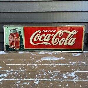 Vintage Original Drink Coca-Cola Tin Metal Soda Sign Antique Advertising