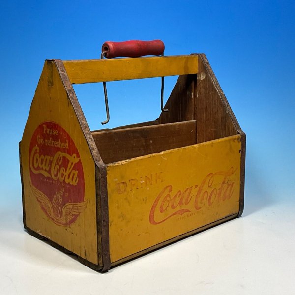 Vintage 1940's WWII War Wings Wooden Yellow Coca Cola 6-Bottle Carrier