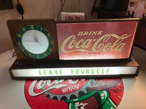 Vintage SERVE YOURSELF COCA COLA Lighted Fountain  Sign With Clock