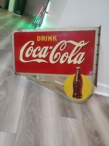 c.1938 Original Vintage Drink Coca Cola Sign Metal Flange Bottle Coke Gas A.A.W