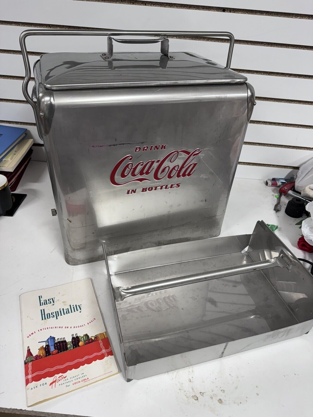 VTG 50'S ACTON MFG CO STAINLESS COCA COLA COOLER WITH TRAY + ORG BOOK VERY NICE