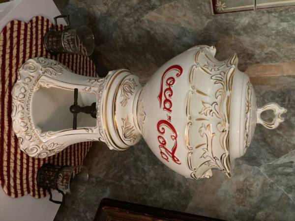 1960’s COCA-COLA SYRUP DISPENSER with 8 glasses and 2 glass holders with handles