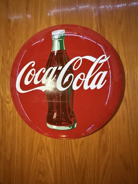 Original 1950s Coca Cola 24" Diameter Red Metal Button Sign COKE BOTTLE.
