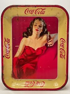 Original Vintage 1940s Mexican Coca Cola Metal Tray Woman in Red Dress Pin Up