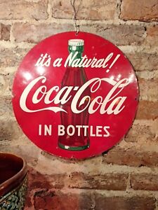 New  Rare 1950s "It's A Natural!" Coca-Cola Tin Sign W/ Bottle Graphic