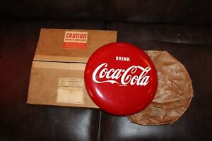 RARE 1950s DRINK COCA COLA 12" BUTTON PAINTED METAL SIGN NEW OLD STOCK WITH BOX