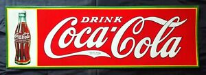 Original 1933 Tin Coca Cola Embossed Advertising Sign w 1923 Christmas Bottle-NM