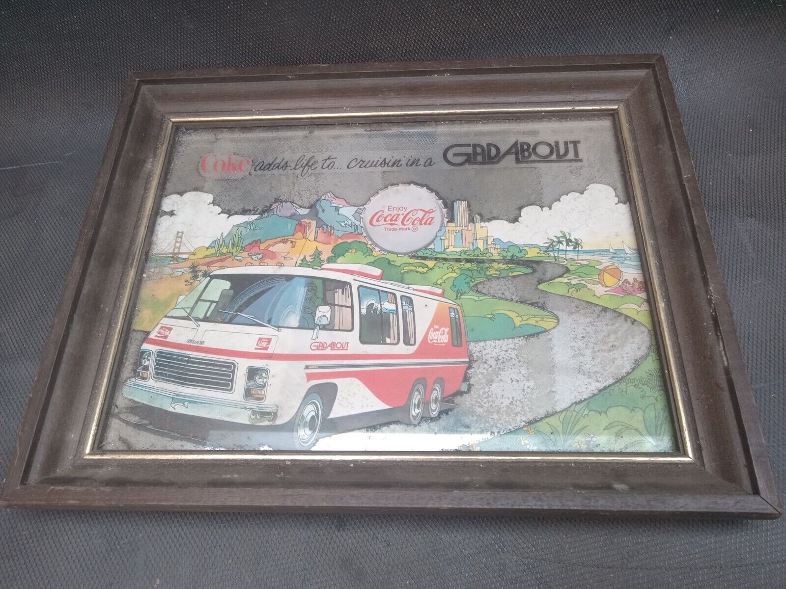 Vtg RARE Coca Cola COKE Cruisin' GADABOUT GMC Promo Winner RV Sign Mirror AS IS